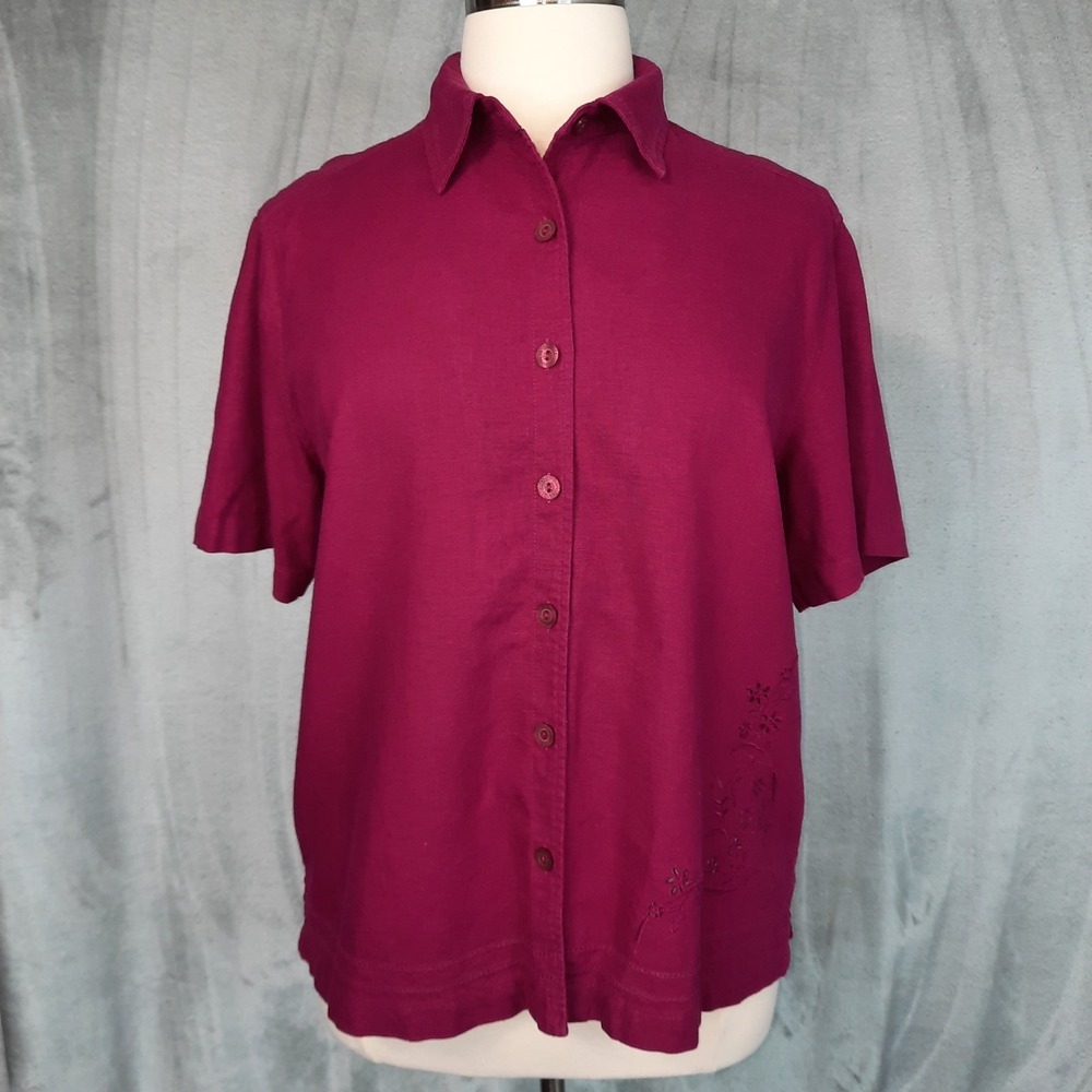 ERIKA Linen Blend Top Womens 1X Dark Pink Embroidered‎ Camp Shirt Beach 90s Boho